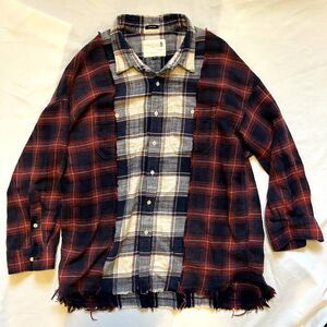 R13 Drop Neck Combo Workshirt Ecru / Maroon Plaid Flannel Size M
